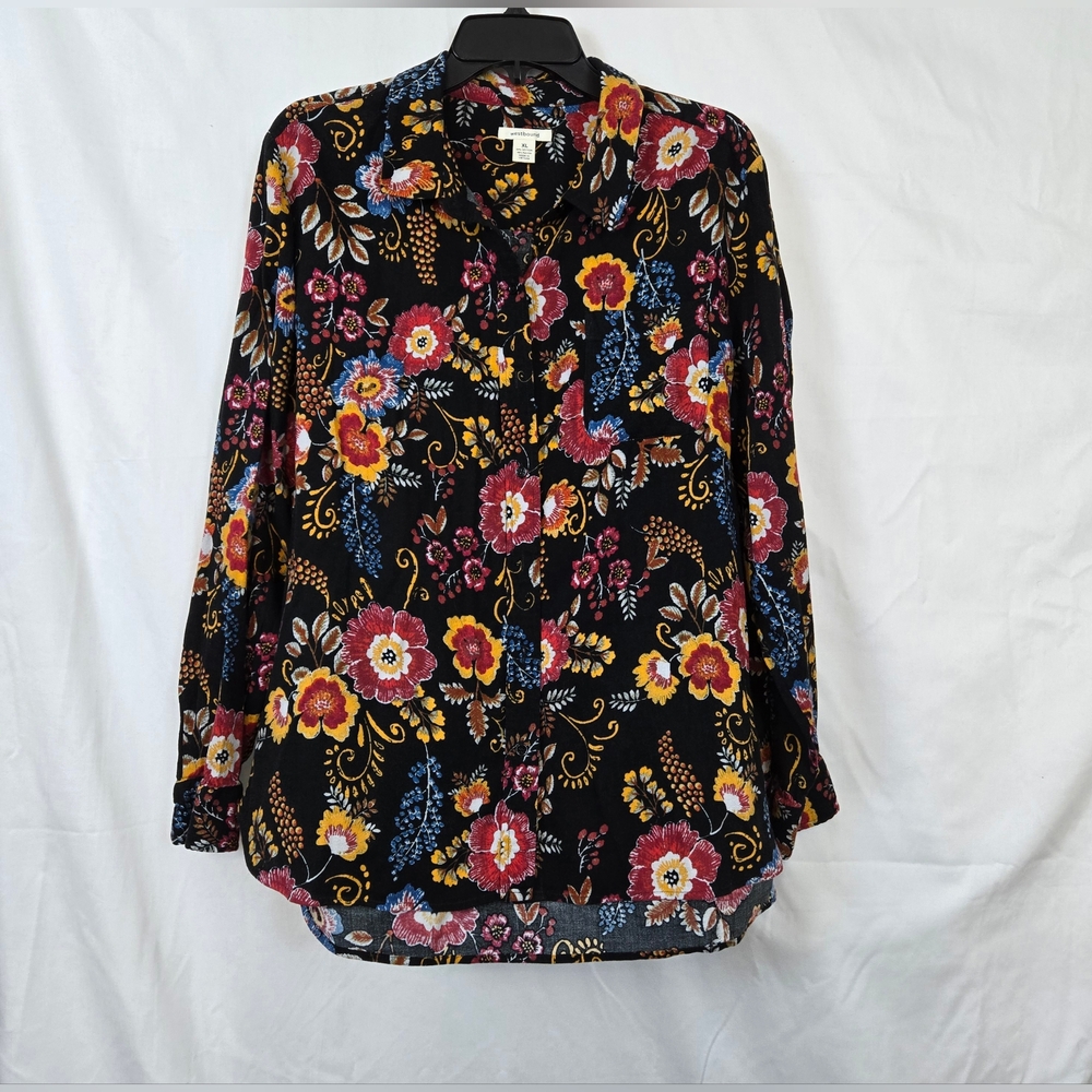 Westbound Women's Black‎ Vibrant Floral Print Long Sleeve Preppy Button Shirt XL